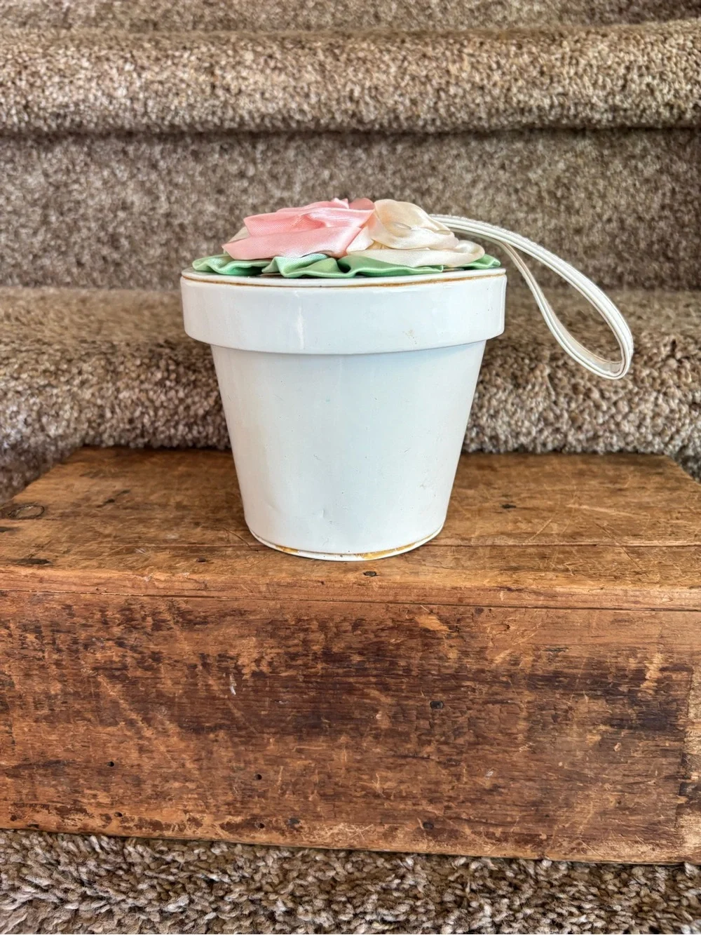 White Ceramic Flower Pot Wristlet with Pink and Cream Floral Accent